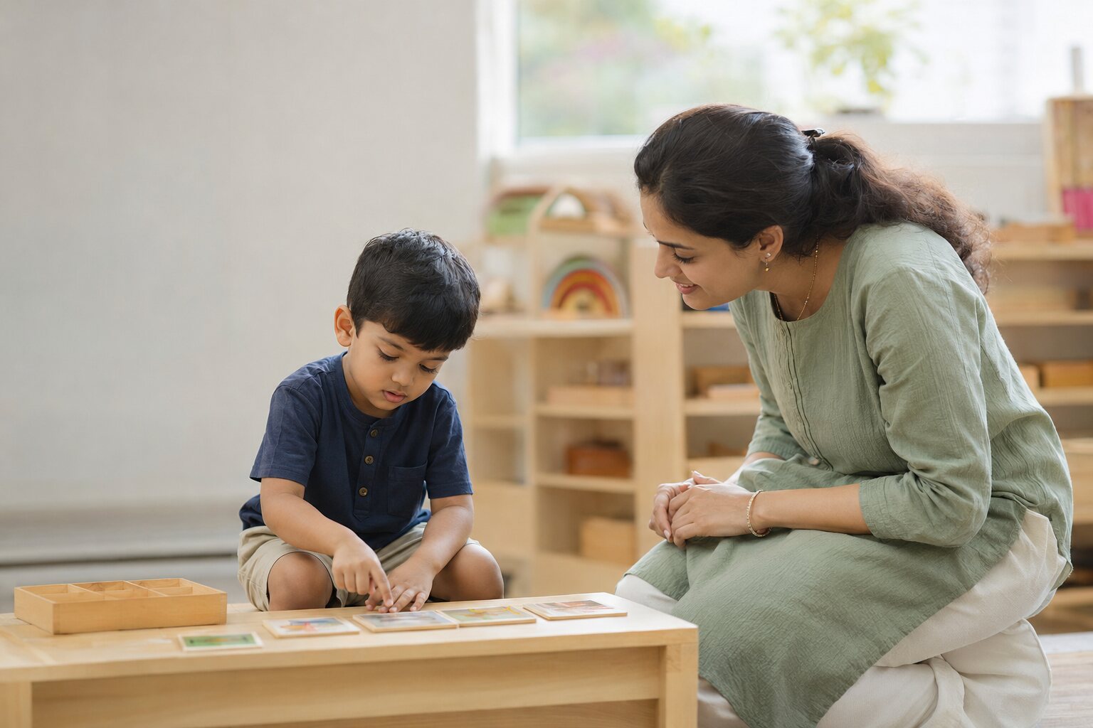 A child exploring learning materials with a teacher
