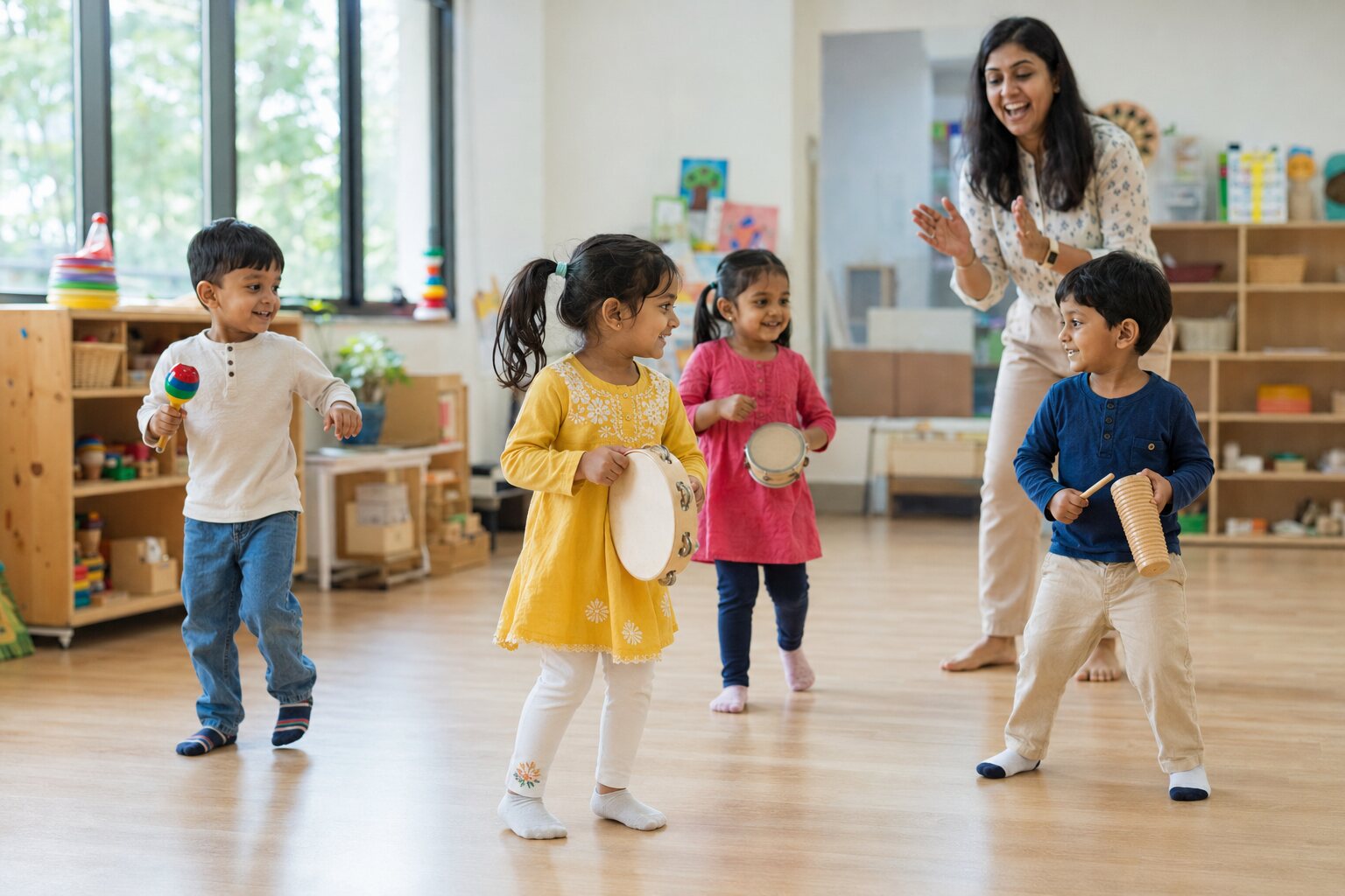 Children enjoying music and movement with a teacher at Arkley