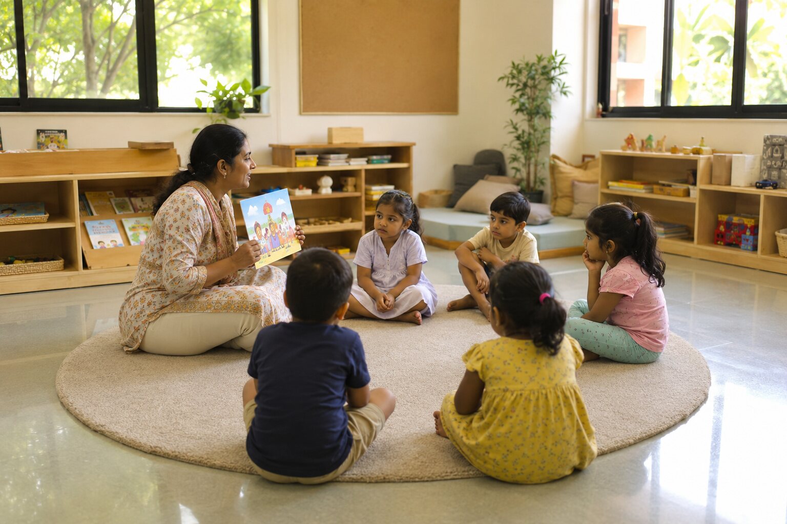 Children listening to a story with their teacher at Arkley